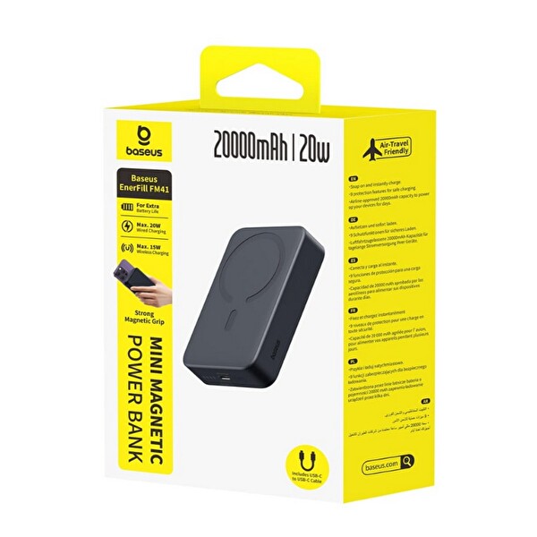 Baseus EnerFill FM41 Mini Manyetik Powerbank 20.000 mAh 20W Siyah Type-C to Type-C 20V 3A 30 CM Kablolu