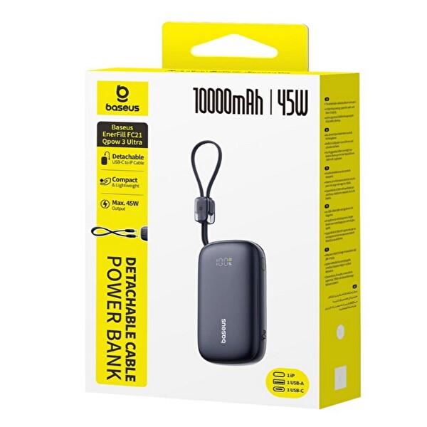Baseus EnerFill FC21 QPow3 Ultra Dijital Göstergeli Powerbank 10.000 mAh 45W Siyah Ayrılabilir Kablolu