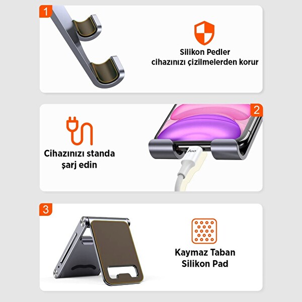 Juo Alüminyum Katlanabilir Metal Masaüstü Telefon Tutucu Standı Uzay Gümüş