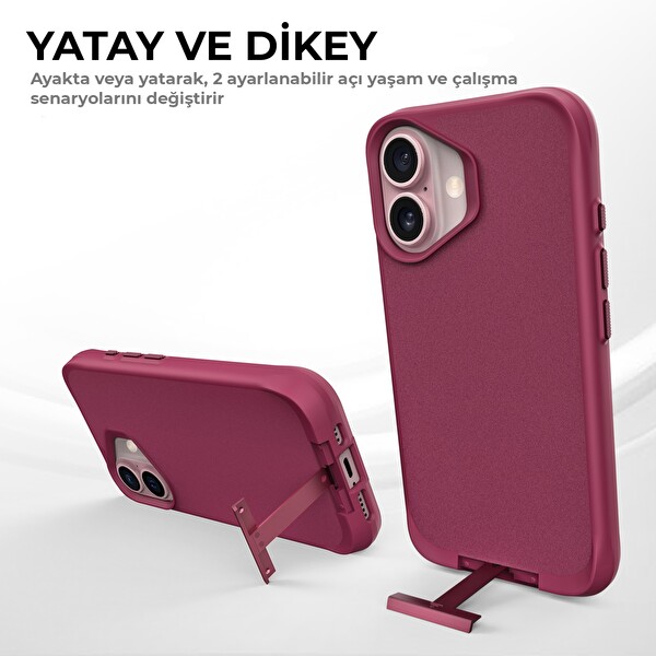 Bix iPhone 16 Plus Vortex MagSafe Kılıf Stand Özellikli 3X Korumalı Mikro Fiber İç Yüzey Kırmızı