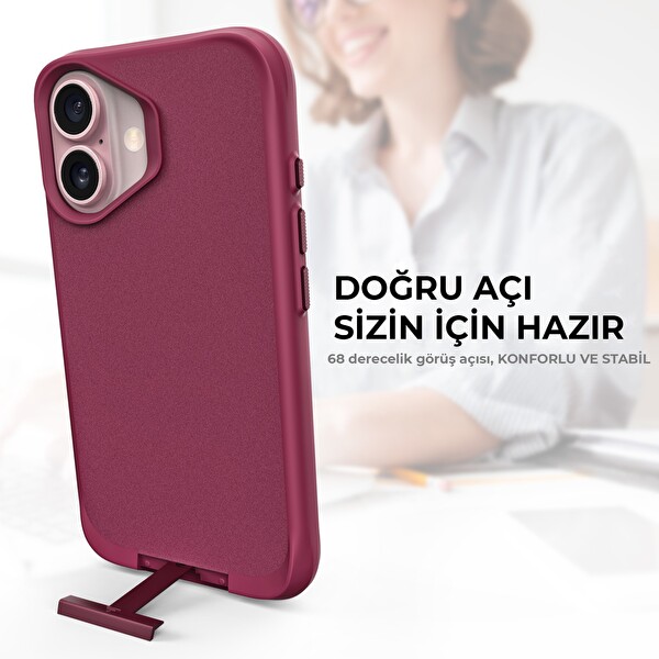 Bix iPhone 16 Plus Vortex MagSafe Kılıf Stand Özellikli 3X Korumalı Mikro Fiber İç Yüzey Kırmızı