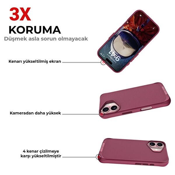 Bix iPhone 16 Plus Vortex MagSafe Kılıf Stand Özellikli 3X Korumalı Mikro Fiber İç Yüzey Kırmızı