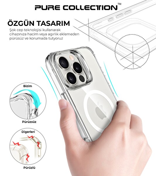 Bix iPhone 16 Pro MagSafe Uyumlu Transparan Şeffaf Kılıf Güçlü Manyetik Üstün Darbe Koruması