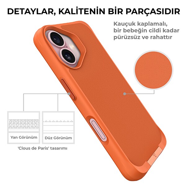 Bix iPhone 16 Plus Vortex MagSafe Kılıf Stand Özellikli 3X Korumalı Mikro Fiber İç Yüzey Turuncu