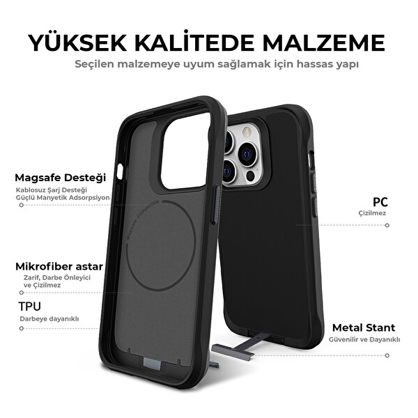 Bix iPhone 16 Plus Vortex MagSafe Kılıf Stand Özellikli 3X Korumalı Mikro Fiber İç Yüzey Siyah