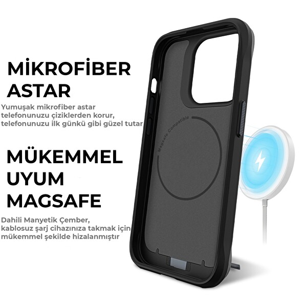 Bix iPhone 16 Plus Vortex MagSafe Kılıf Stand Özellikli 3X Korumalı Mikro Fiber İç Yüzey Siyah