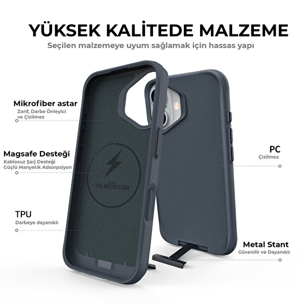 Bix iPhone 16 Plus Vortex MagSafe Kılıf Stand Özellikli 3X Korumalı Mikro Fiber İç Yüzey Lacivert