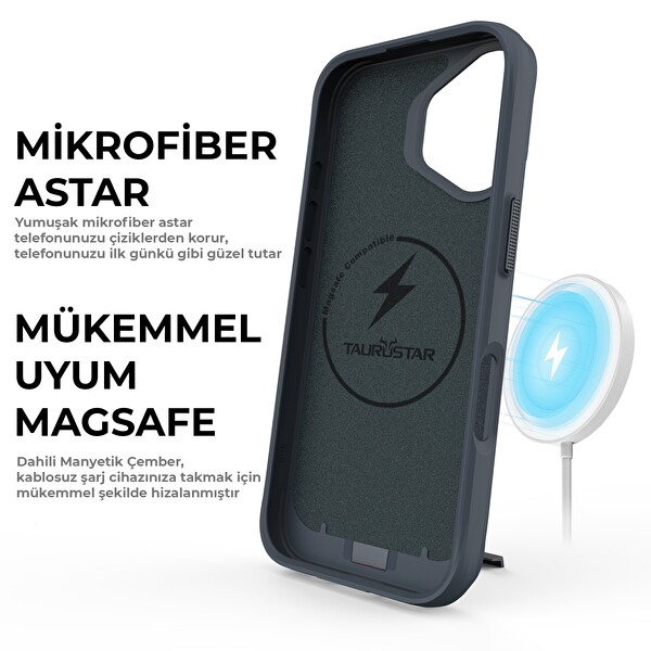 Bix iPhone 16 Plus Vortex MagSafe Kılıf Stand Özellikli 3X Korumalı Mikro Fiber İç Yüzey Lacivert