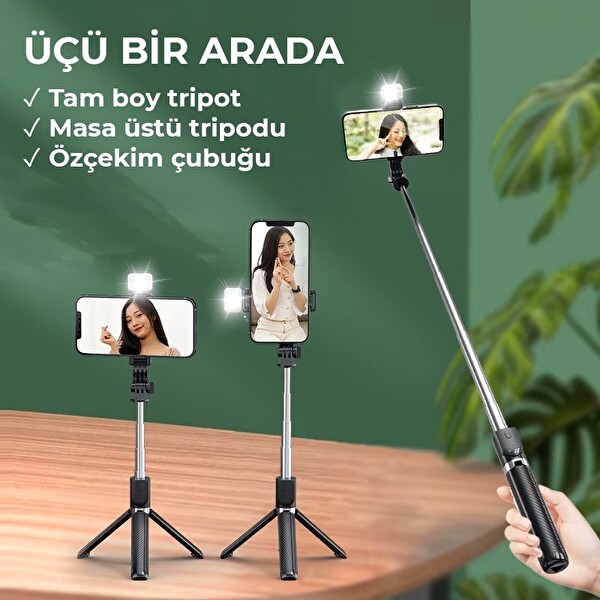 Upway Bluetoothlu Kumandalı LED Işıklı Teleskobik Katlanabilir Özçekim Tripodu
