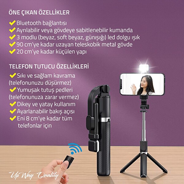 Upway Bluetoothlu Kumandalı LED Işıklı Teleskobik Katlanabilir Özçekim Tripodu