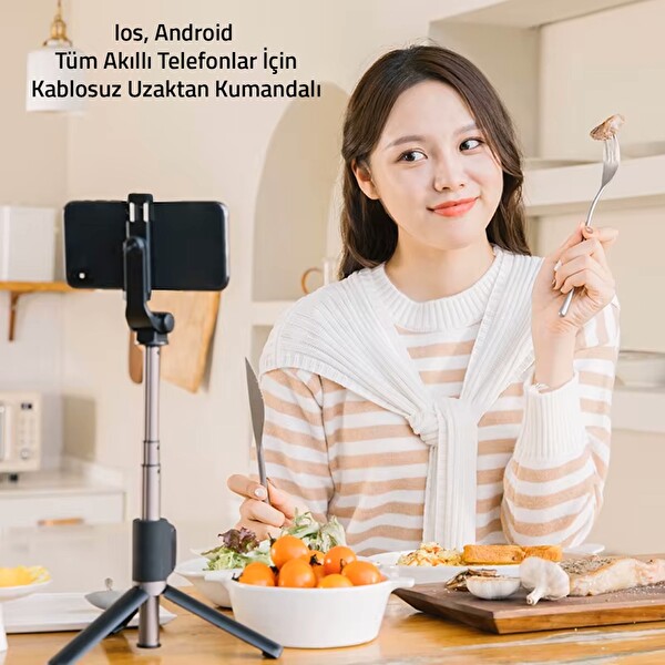 Upway Bluetoothlu Kumandalı LED Işıklı Teleskobik Katlanabilir Özçekim Tripodu