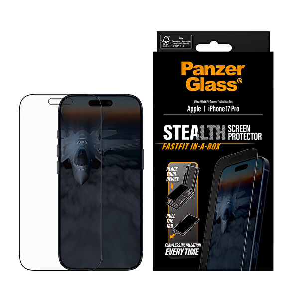 Panzerglass iPhone 17 Pro UWF ve Stealth Siyah Çerçeveli Ekran Koruyucu - Fastfit Kolay Kurulum Aparatlı