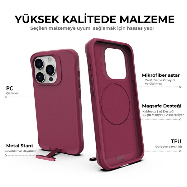 Bix iPhone 14 Pro Vortex MagSafe Kılıf Stand Özellikli 3X Korumalı Mikro Fiber İç Yüzey Kırmızı