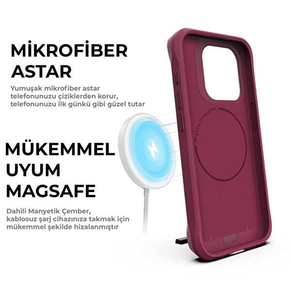 Bix iPhone 14 Pro Vortex MagSafe Kılıf Stand Özellikli 3X Korumalı Mikro Fiber İç Yüzey Kırmızı