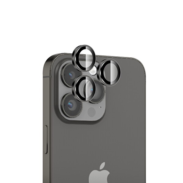 Bix iPhone 14 Pro - 14 Pro Max Uyumlu Safir 3D Camı 9H Premium Kamera Lens Koruyucu - Uzay Siyahı