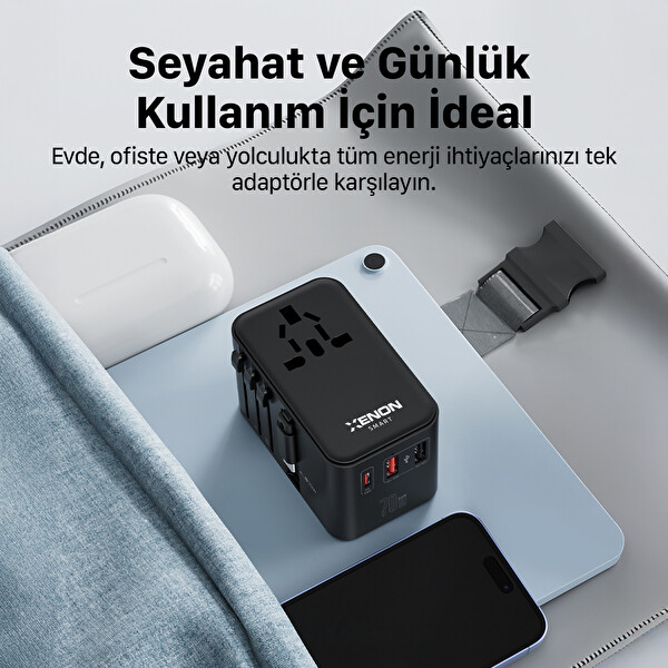 Xenon Smart X6411 70W GaN Hızlı Şarjlı Priz Dönüştürücü 200 Ülke Dahili USB C Kablo 1 USB C 2 USB A Standart
