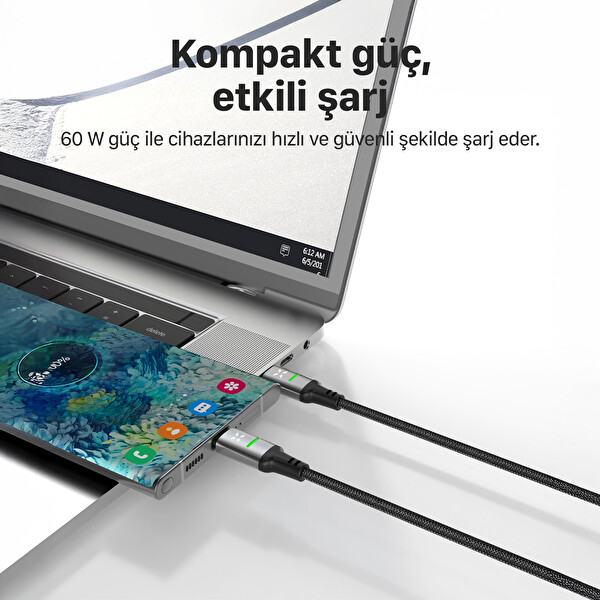Xenon Smart X6421 Type C to Type C 60W PD Hızlı Şarj Kablosu 1.2m 480 Mbps Örgü Led Göstergeli Standart