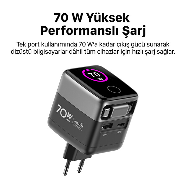 Xenon Smart X6413 70W GaN Hızlı Şarj Adaptörü Dahili Type C Kablo USB C USB A PD PPS Dijital Ekranlı Standart