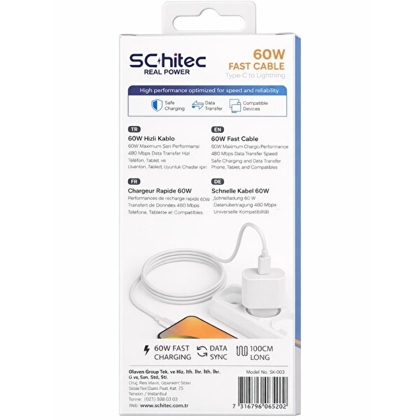 ScHitec SK003 60W Type-C to Lightning Data ve Hızlı Şarj Kablosu Beyaz