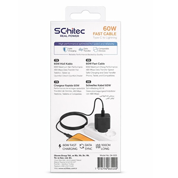 ScHitec SK005 60 W Type-C to Type-C Hızlı Şarj ve Data Kablosu Siyah