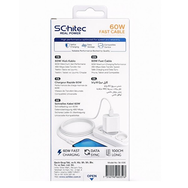ScHitec SK006 60W Type-C to Type-C Data ve Hızlı Şarj Kablosu Telefon