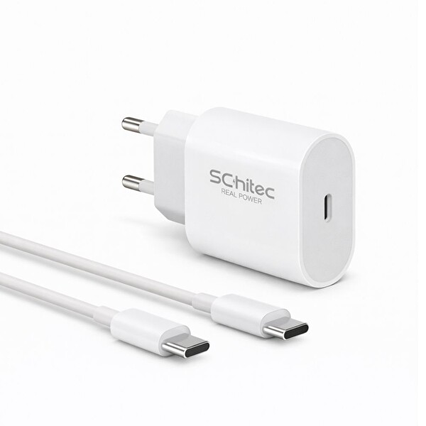 ScHitec SC002 25W Type-C Çıkışlı Hızlı Şarj Aleti Type-C to Type-C Kablolu Set Beyaz
