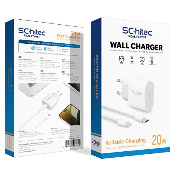 ScHitec 20W Type-C Çıkışlı Hızlı Şarj Aleti Type-C to Lightning Kablolu Set Beyaz SC001