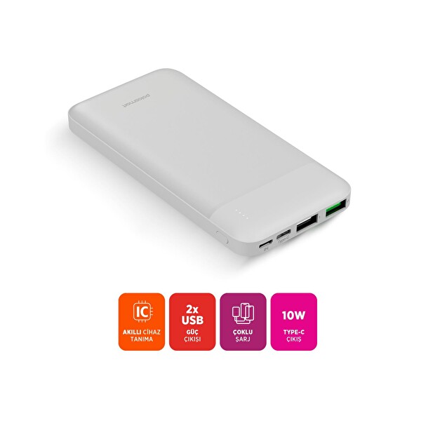 Polosmart PBS150 Taşınabilir 10.000 mAh 2 USB 1 PD Çıkışlı 10W Powerbank Beyaz
