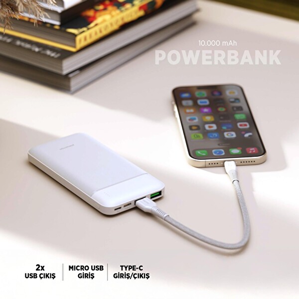 Polosmart PBS150 Taşınabilir 10.000 mAh 2 USB 1 PD Çıkışlı 10W Powerbank Beyaz
