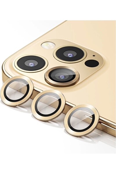 Teknoparkta iPhone 11 Pro Max Uyumlu Kamera Koruyucu Lens Mercek Metal Çerçeveli 3lü Set Gold Altın
