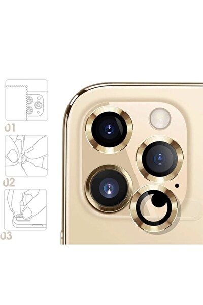 Teknoparkta iPhone 11 Pro Max Uyumlu Kamera Koruyucu Lens Mercek Metal Çerçeveli 3lü Set Gold Altın