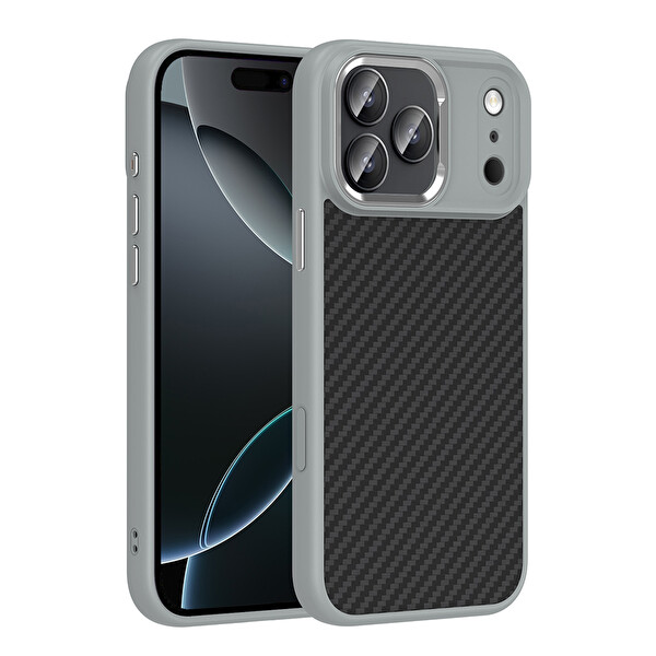 Başkenttekno iPhone 17 Pro Max Kılıf Kablosuz Şarj Özellikli Karbon Fiber Görünümlü Truva Silikon Kapak Gri