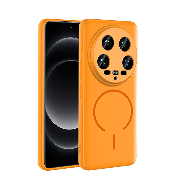 Başkenttekno Xiaomi 14 Ultra Kılıf Meta Lansman M-Safe Kamera Korumalı içi Kadife Yumuşak Renkli Süet Silikon Turuncu