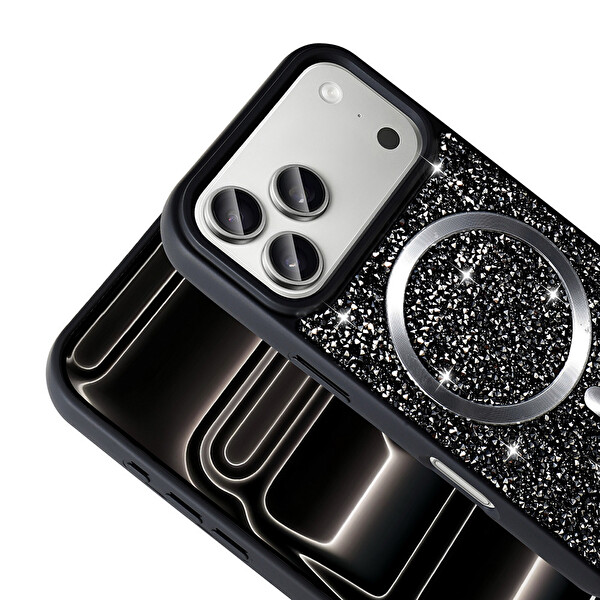 Başkenttekno iPhone 17 Pro Max Kılıf Pırlanta Tasarımlı Kablosuz Şarj Özellikli Mozaik Silikon Kapak Siyah