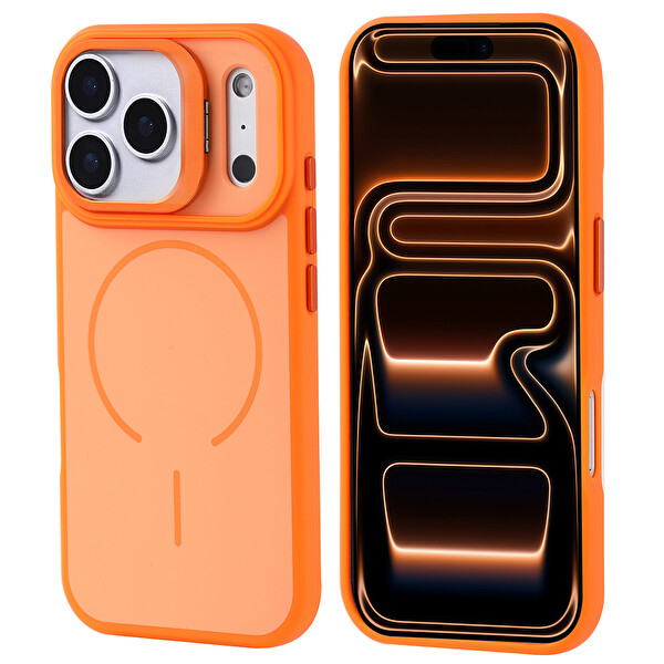 Başkenttekno iPhone 17 Pro Max Kılıf Kablosuz Şarj Özellikli Kamera Standlı Notron Kapak Turuncu