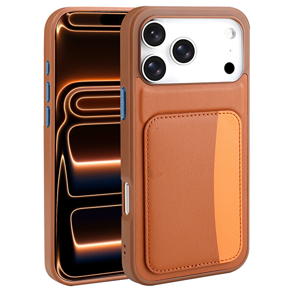 Başkenttekno iPhone 17 Pro Max Kılıf Kartlıklı X-Kart Silikon Kapak Kahverengi
