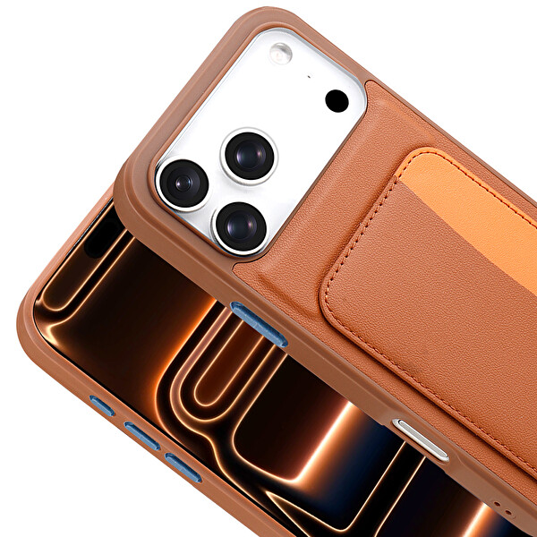 Başkenttekno iPhone 17 Pro Max Kılıf Kartlıklı X-Kart Silikon Kapak Kahverengi