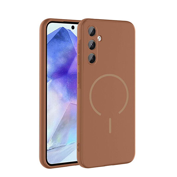 Başkenttekno Samsung Galaxy A55 Kılıf Meta Lansman M-Safe Kamera Korumalı içi Kadife Yumuşak Renkli Süet Silikon Kahverengi
