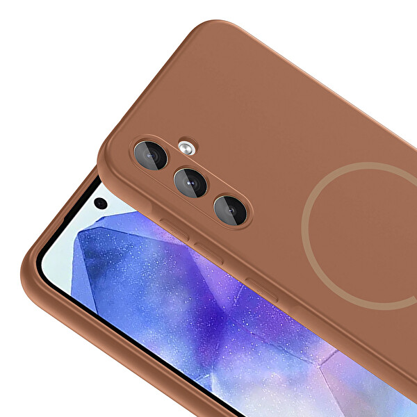 Başkenttekno Samsung Galaxy A55 Kılıf Meta Lansman M-Safe Kamera Korumalı içi Kadife Yumuşak Renkli Süet Silikon Kahverengi