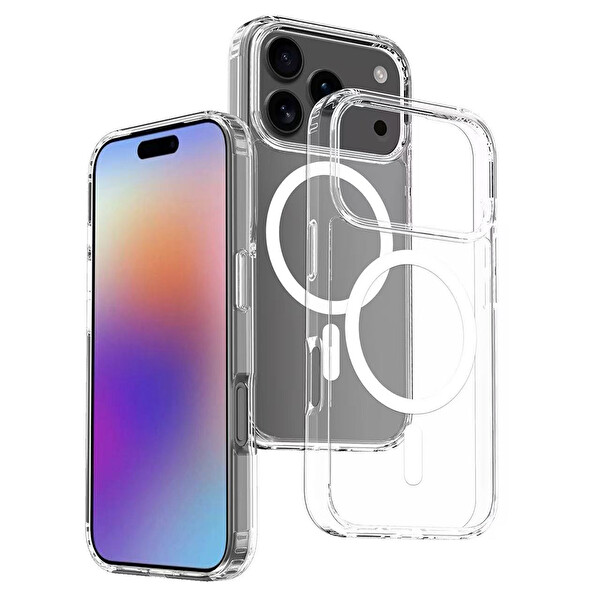 iPhone 17 Pro Max Kılıf Kablosuz Şarj Özellikli Şeffaf Sert PC Embos Kapak