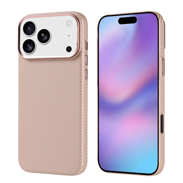 Başkenttekno iPhone 17 Pro Max Kılıf Kablosuz Şarj Özellikli Karbon Fiber Görünümlü Nekst Kapak Bej