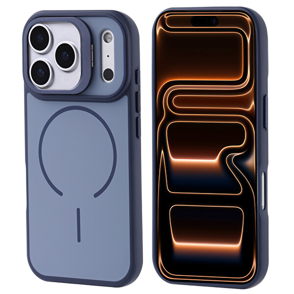 Başkenttekno iPhone 17 Pro Max Kılıf Kablosuz Şarj Özellikli Kamera Standlı Notron Kapak Lacivert