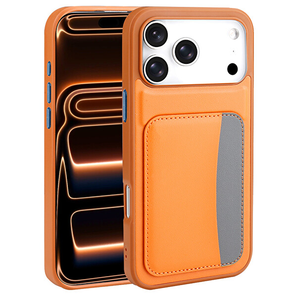 Başkenttekno iPhone 17 Pro Max Kılıf Kartlıklı X-Kart Silikon Kapak Turuncu