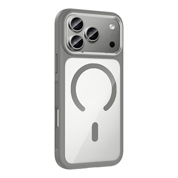 Başkenttekno iPhone 17 Pro Max Kılıf Kablosuz Şarj Özellikli Metal Kamera Çerçeveli Tiko Kapak Gri