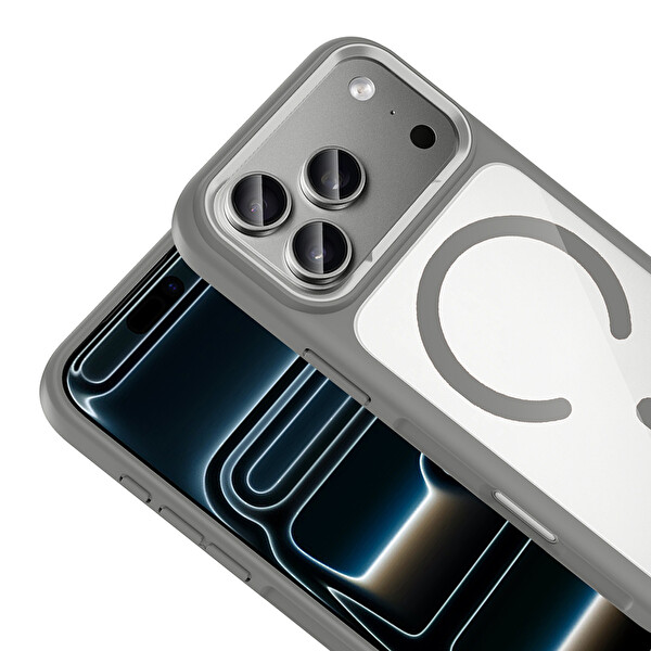 Başkenttekno iPhone 17 Pro Max Kılıf Kablosuz Şarj Özellikli Metal Kamera Çerçeveli Tiko Kapak Gri