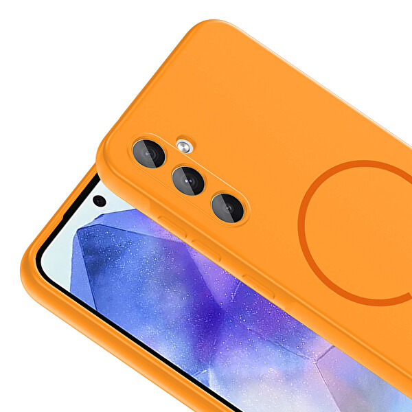 Başkenttekno Samsung Galaxy A55 Kılıf Meta Lansman M-Safe Kamera Korumalı içi Kadife Yumuşak Renkli Süet Silikon Turuncu