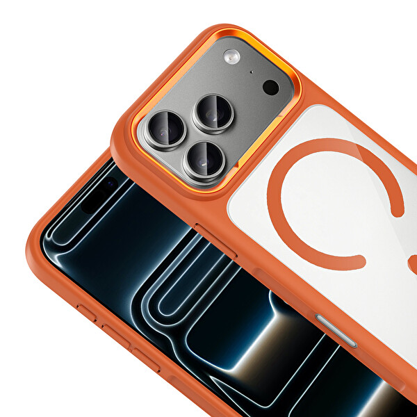 Başkenttekno iPhone 17 Pro Max Kılıf Kablosuz Şarj Özellikli Metal Kamera Çerçeveli Tiko Kapak Turuncu