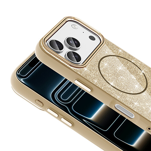 Başkenttekno iPhone 17 Pro Max Kılıf Kablosuz Şarj Özellikli Parlayan Simli Okso Kapak