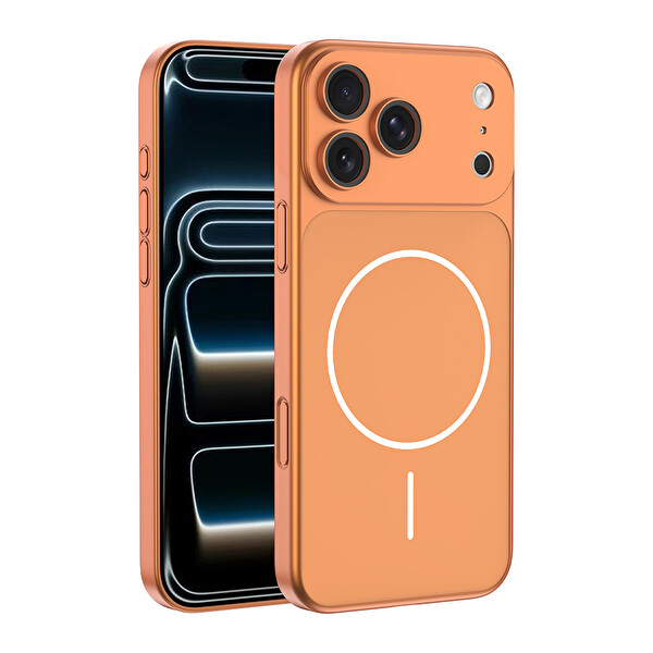 Başkenttekno iPhone 17 Pro Max Kılıf Kablosuz Şarj Özellikli Kamera Korumalı Spark Kapak Turuncu