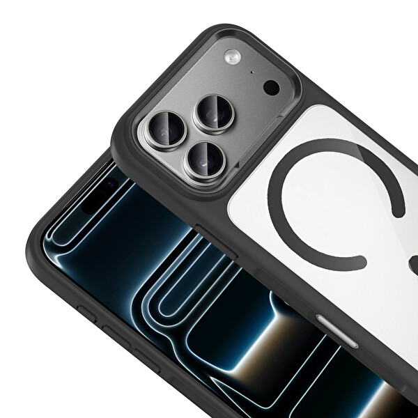 Başkenttekno iPhone 17 Pro Max Kılıf Kablosuz Şarj Özellikli Metal Kamera Çerçeveli Tiko Kapak Siyah